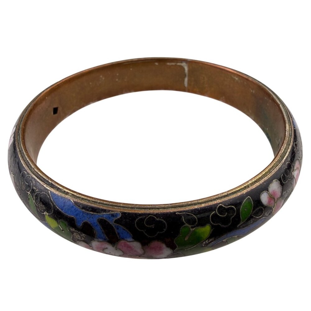 Vintage Womens Black Cloisonné Enamel Floral Bangle Bracelet Various Metal